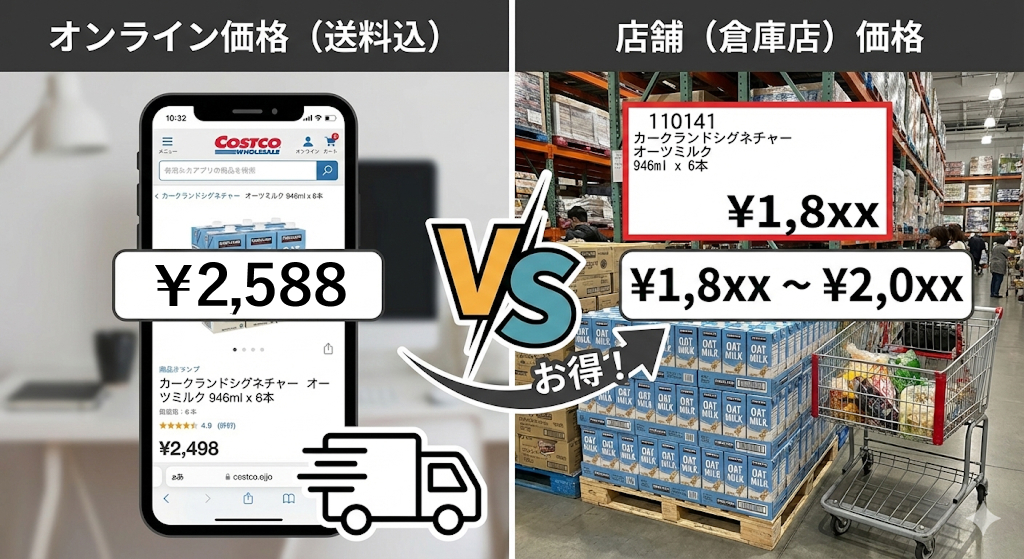 コストコのオーツミルクのオンライン価格と店舗価格の比較