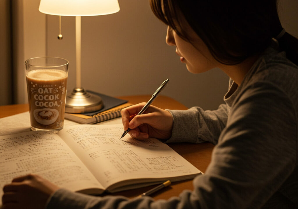 アヴェナチュールのオーツミルクを夜に飲んでいる様子